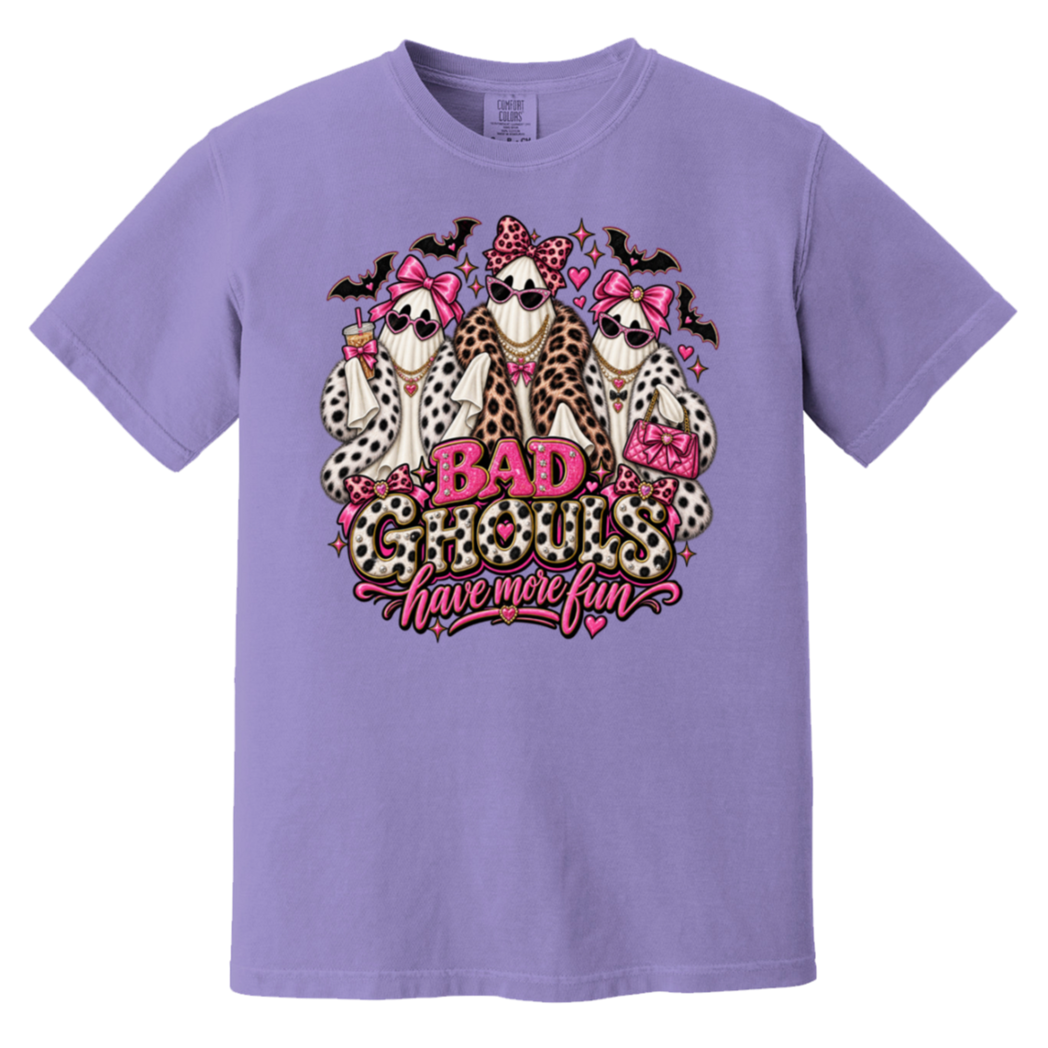 violet t-shirt with a graphic print of three ghosts dressed in faux fur outfits and pink bows, with the text 'BAD GHOULS have more fun' in pink and leopard print.