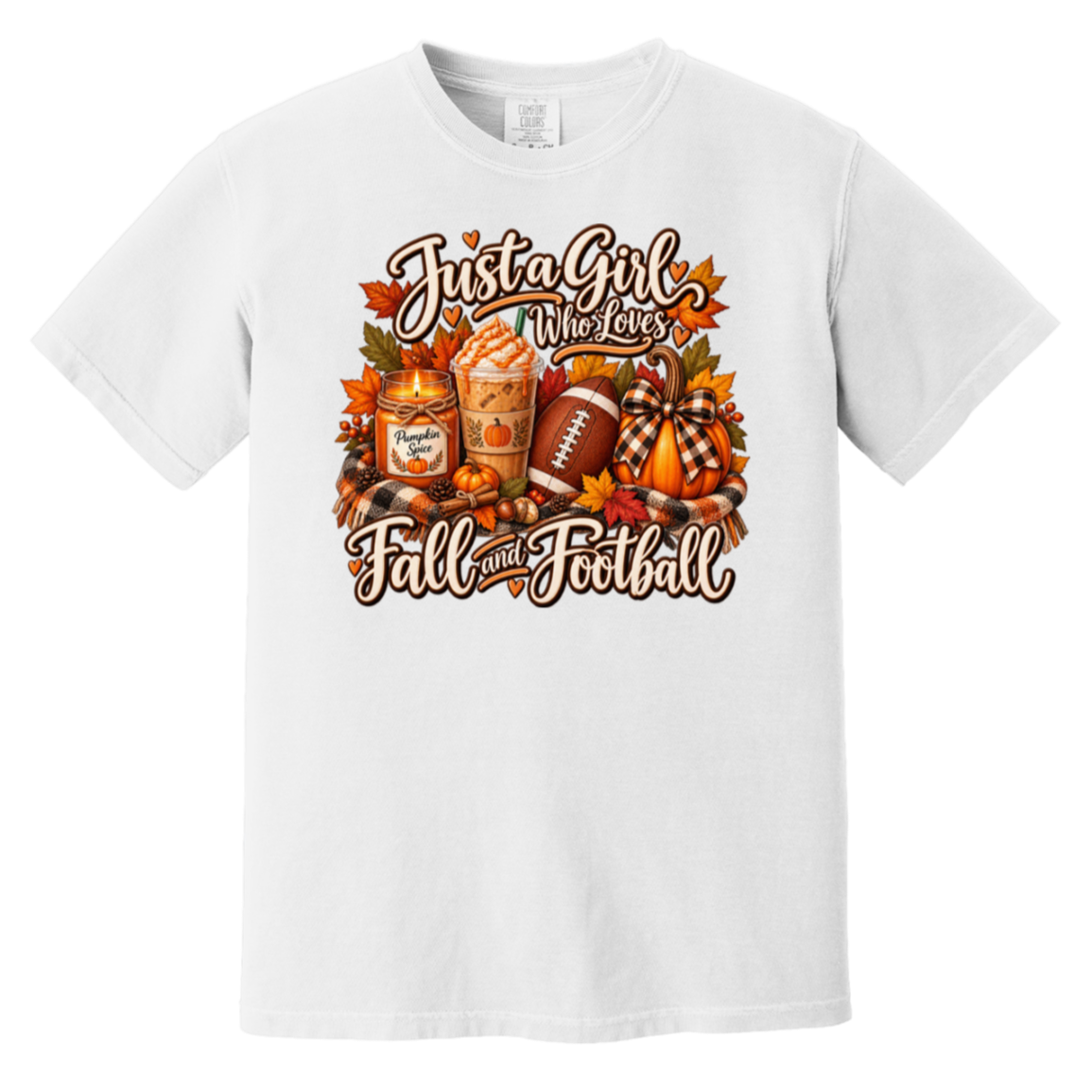 white t-shirt with a colorful autumn graphic that reads 'Just a Girl Who Loves Fall and Football' with pumpkins, a football, a fall candle and iced coffee.