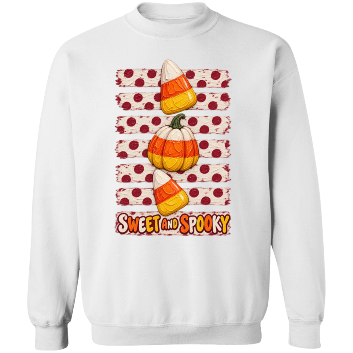 white sweatshirt with Halloween design with two candy corns, one pumpkin, red polka dots on a distressed cream background, and the words 'SWEET AND SPOOKY' at the bottom.