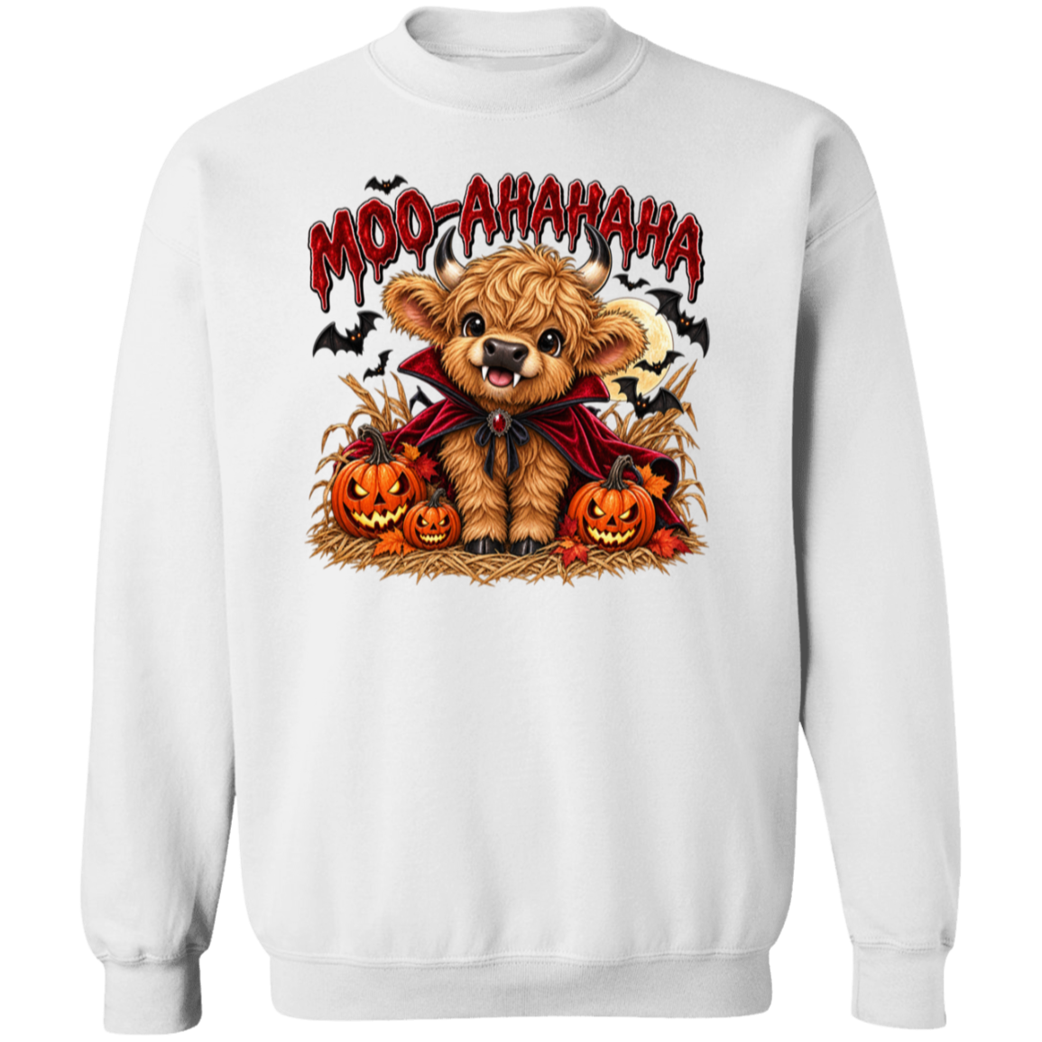 A white crewneck sweatshirt featuring a Halloween graphic of a fluffy highland cow dressed as a vampire with pumpkins and the text 'MOO-AAHAHAHA' above it.